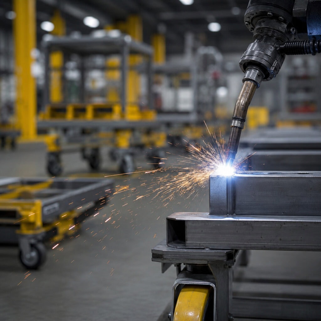 Robotic welding sparks on a steel platform cart frame at a heavy duty platform cart manufacturer production line in Qingdao