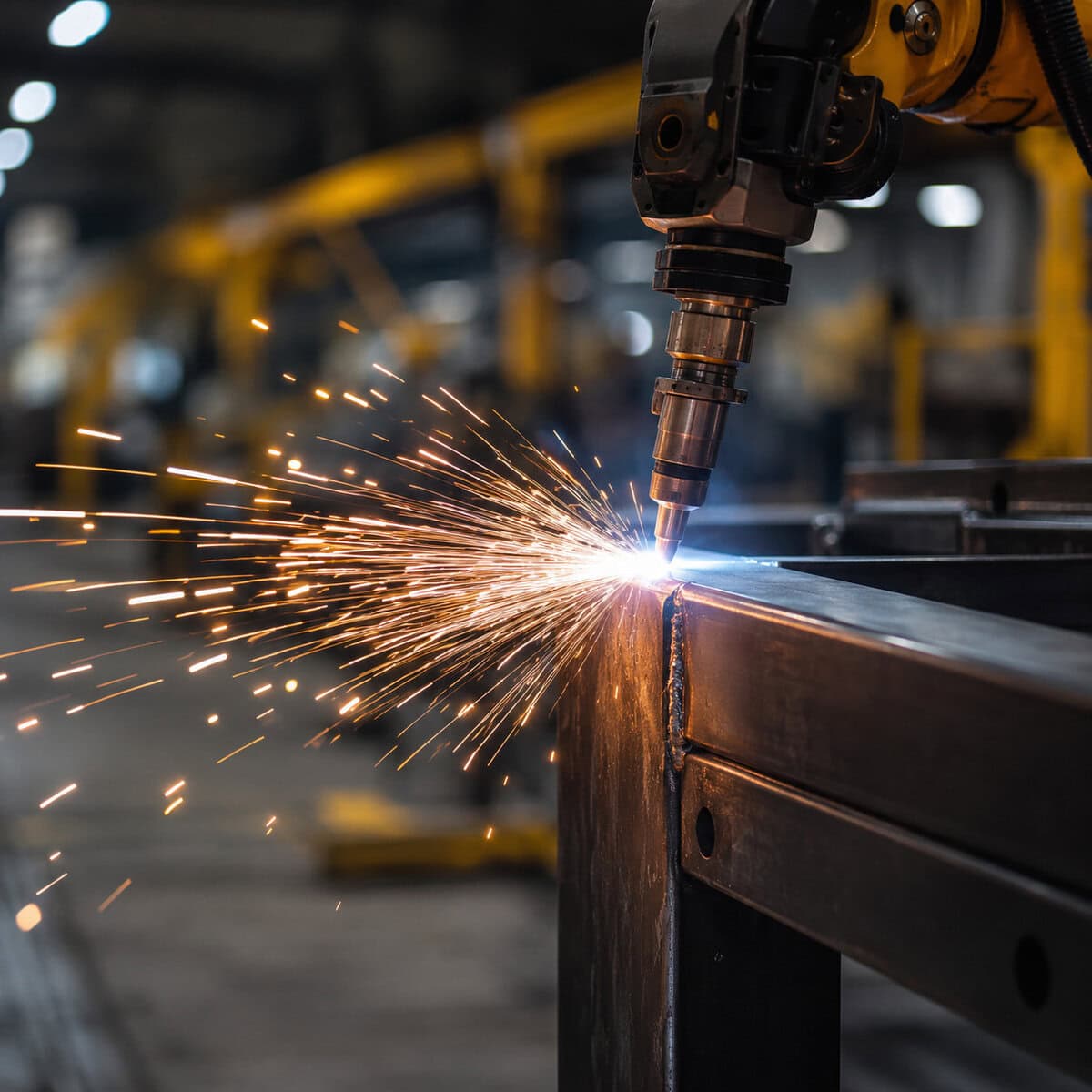 Robotic welding cell producing steel frames for material handling equipment suppliers in a Qingdao factory