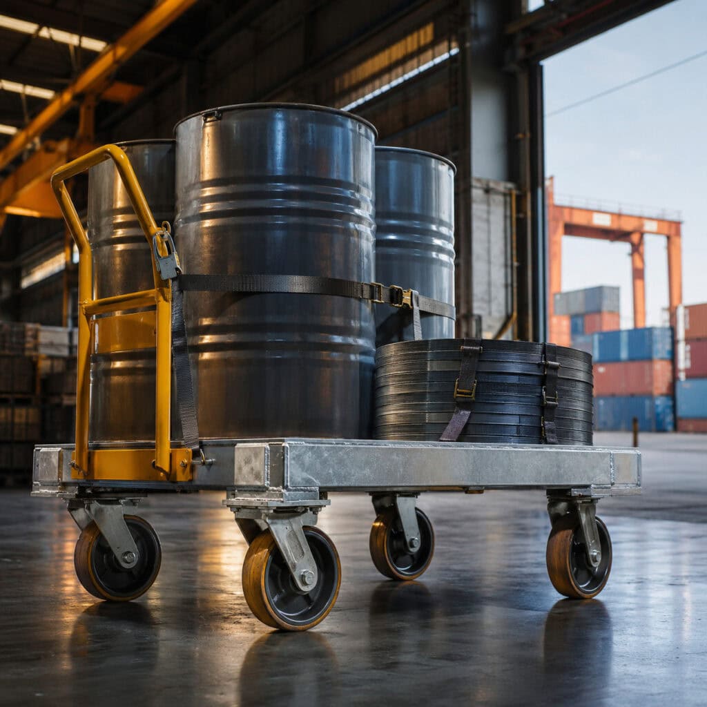 Heavy duty material handling equipment production line — steel platform carts being welded at Qingdao facility