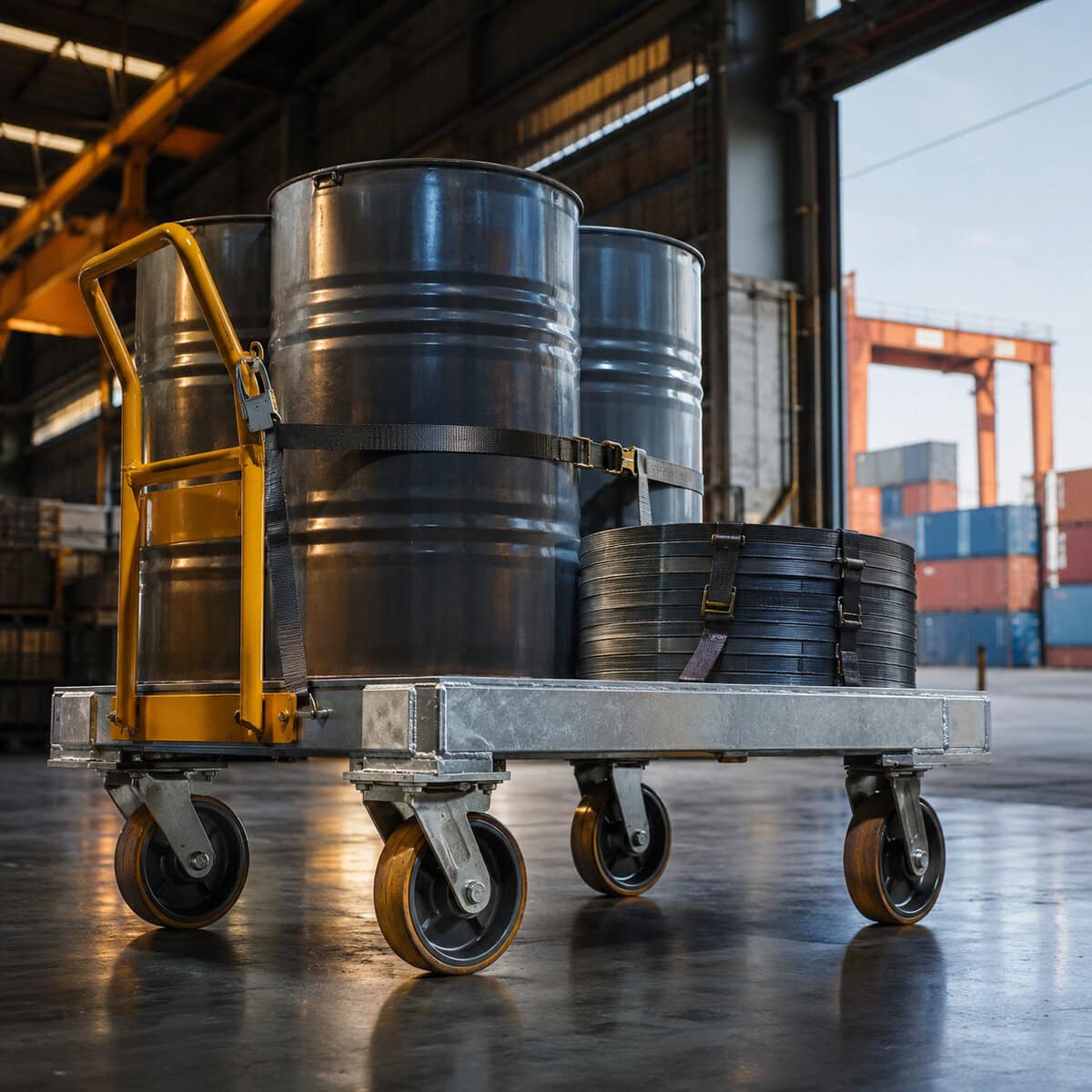 Heavy duty material handling equipment production line — steel platform carts being welded at Qingdao facility