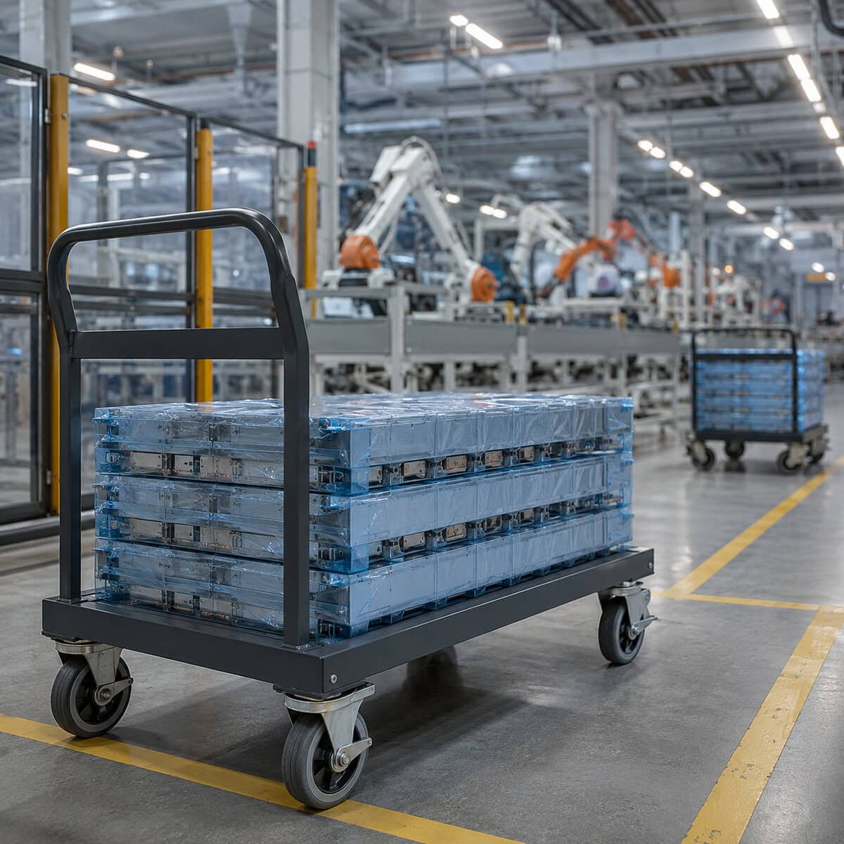 Heavy-duty industrial cart manufacturer platform truck loaded with EV battery modules inside a Canadian assembly plant