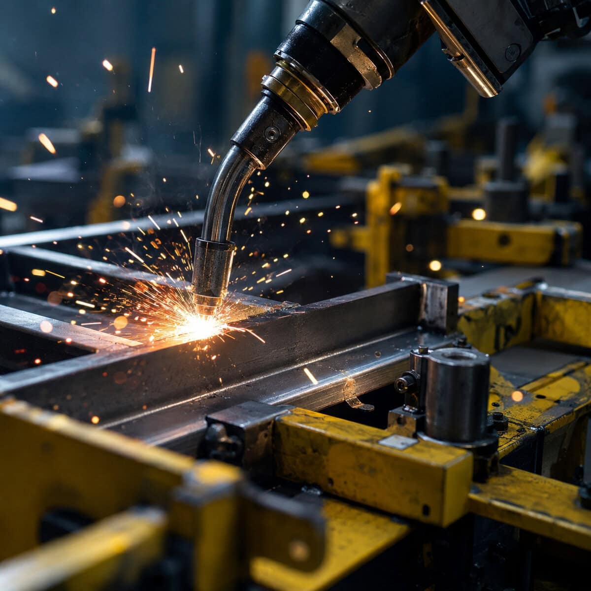 Robotic welding cell producing platform cart frames for industrial material handling equipment programs in Qingdao