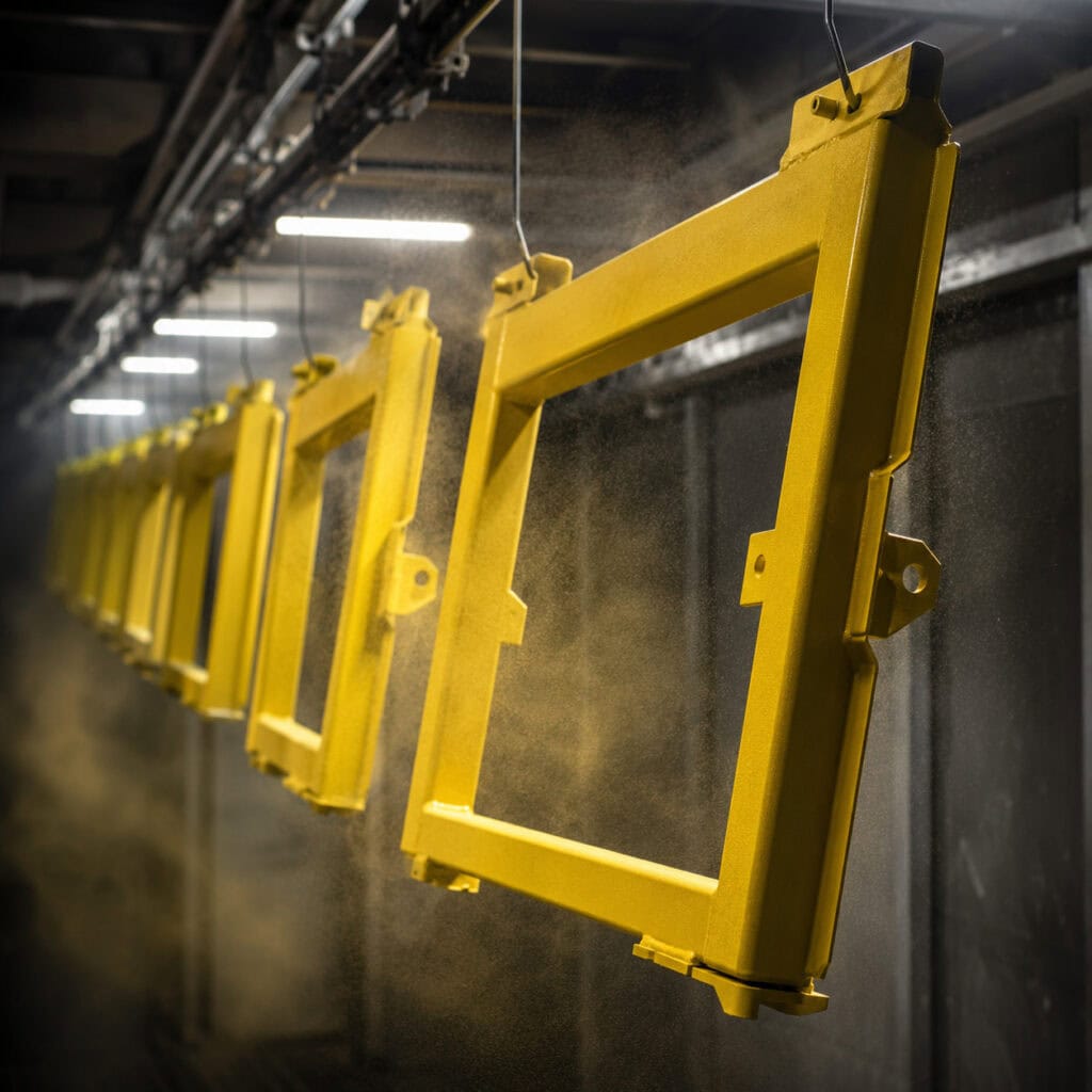 Industrial material handling supplier powder coating booth with freshly coated steel cart frames under industrial lighting