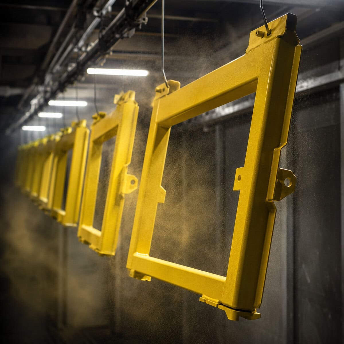 Industrial material handling supplier powder coating booth with freshly coated steel cart frames under industrial lighting