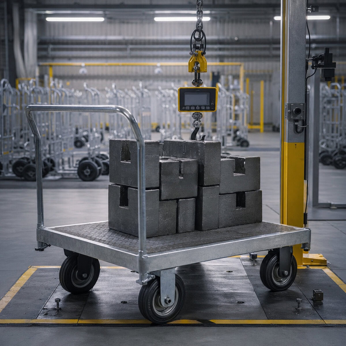 Non-powered material handling equipment supplier assembly line with platform carts and hand trucks ready for export