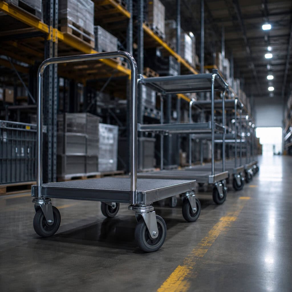 Warehouse cart supplier order picking cart in multi-story fulfillment facility aisle
