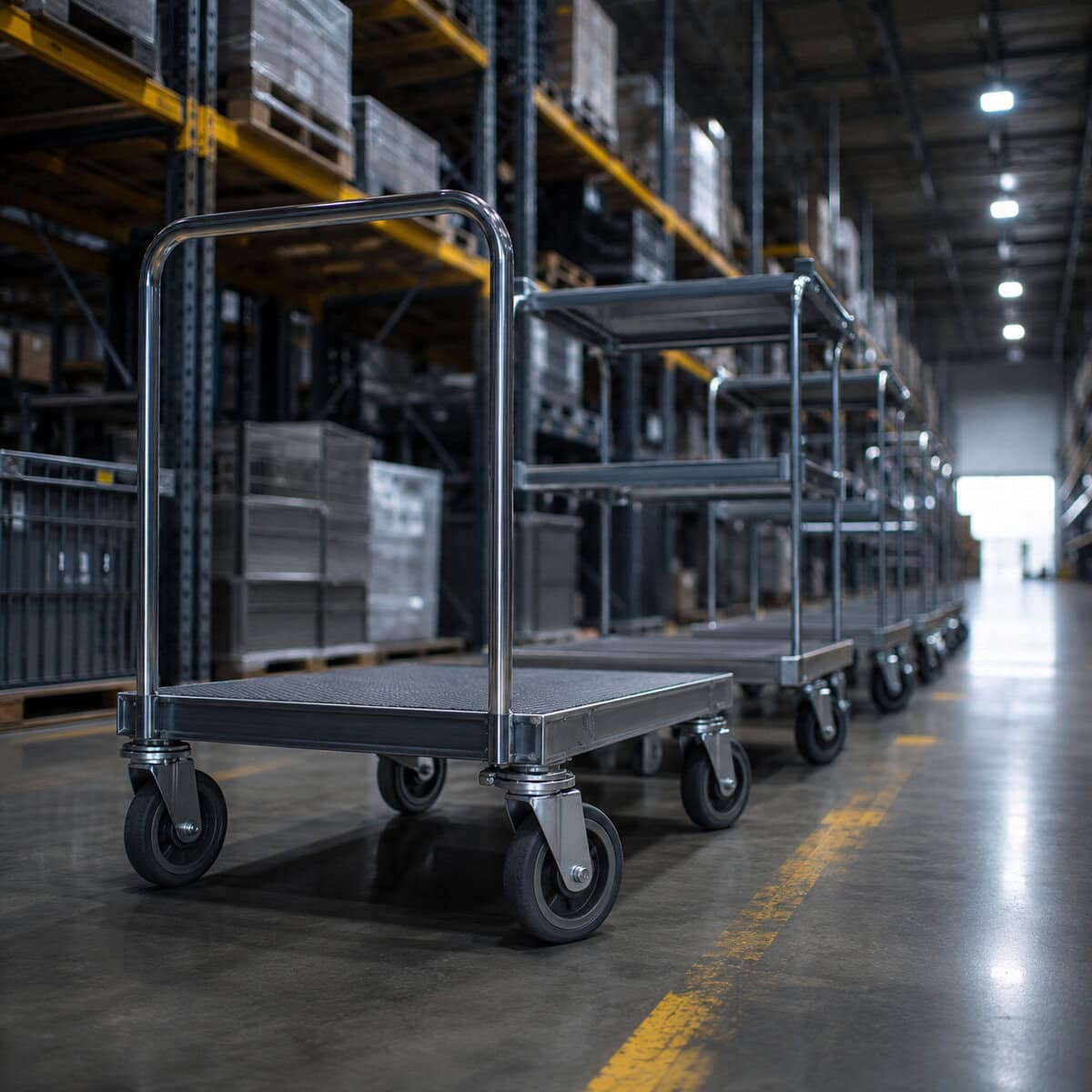 Warehouse cart supplier order picking cart in multi-story fulfillment facility aisle