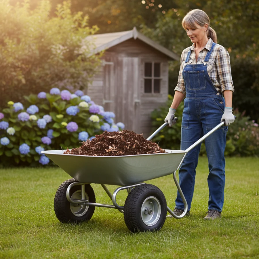 65L Galvanized Wheelbarrow being used for Landscaping and Lawn Care